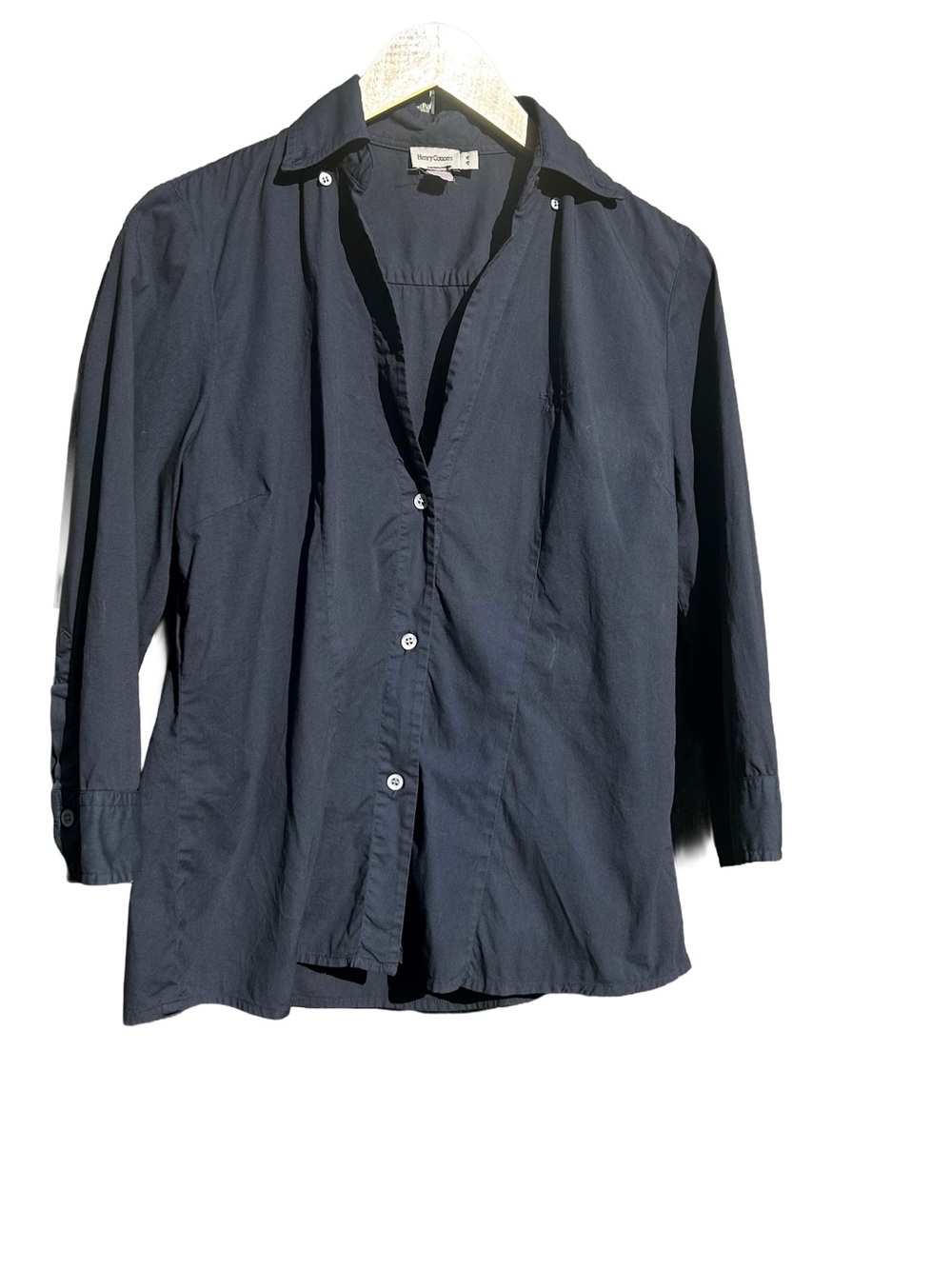 Vintage Henry Cottons Plunging V Neck Button Down Navy Blue Shirt IT 44 US 8